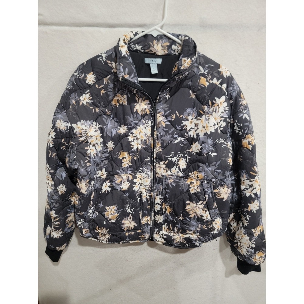 FLX Womens Floral Quilted Puffer Jacket‎ Small Black Yellow Full Zip Recycled